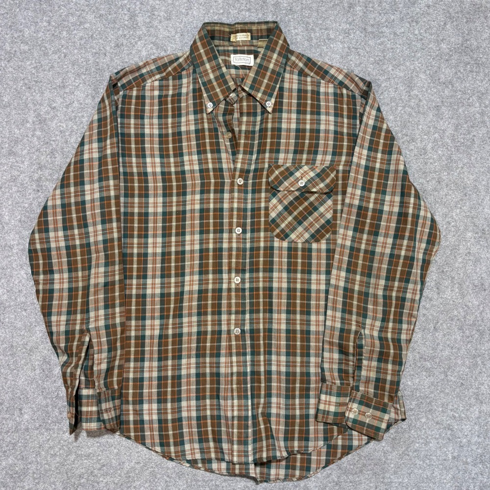 Vintage Tarleton Mens Plaid Button Down Shirt Brown Green Long Sleeve Medium